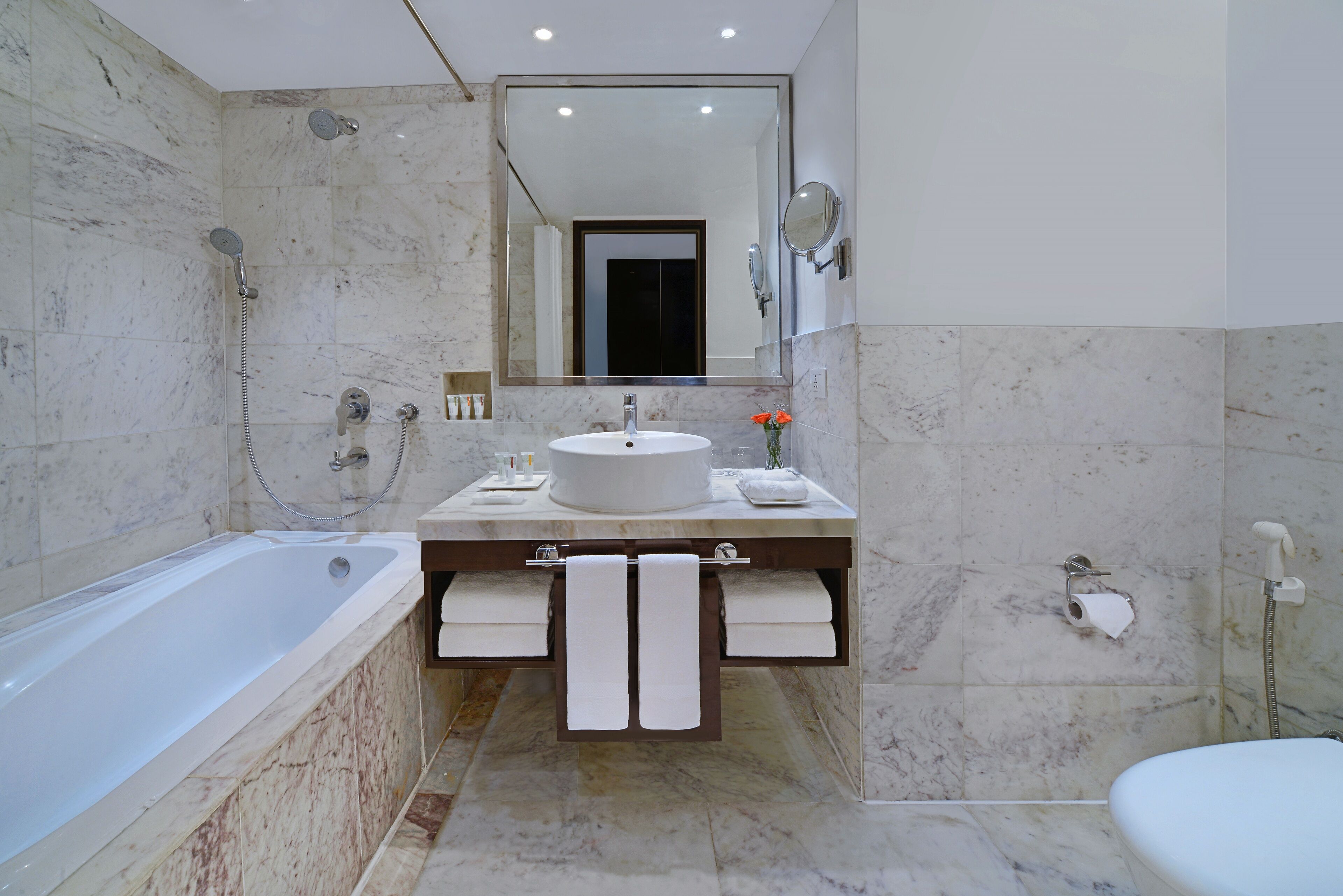 shower, eco-friendly toiletries, hair dryer, bathrobes