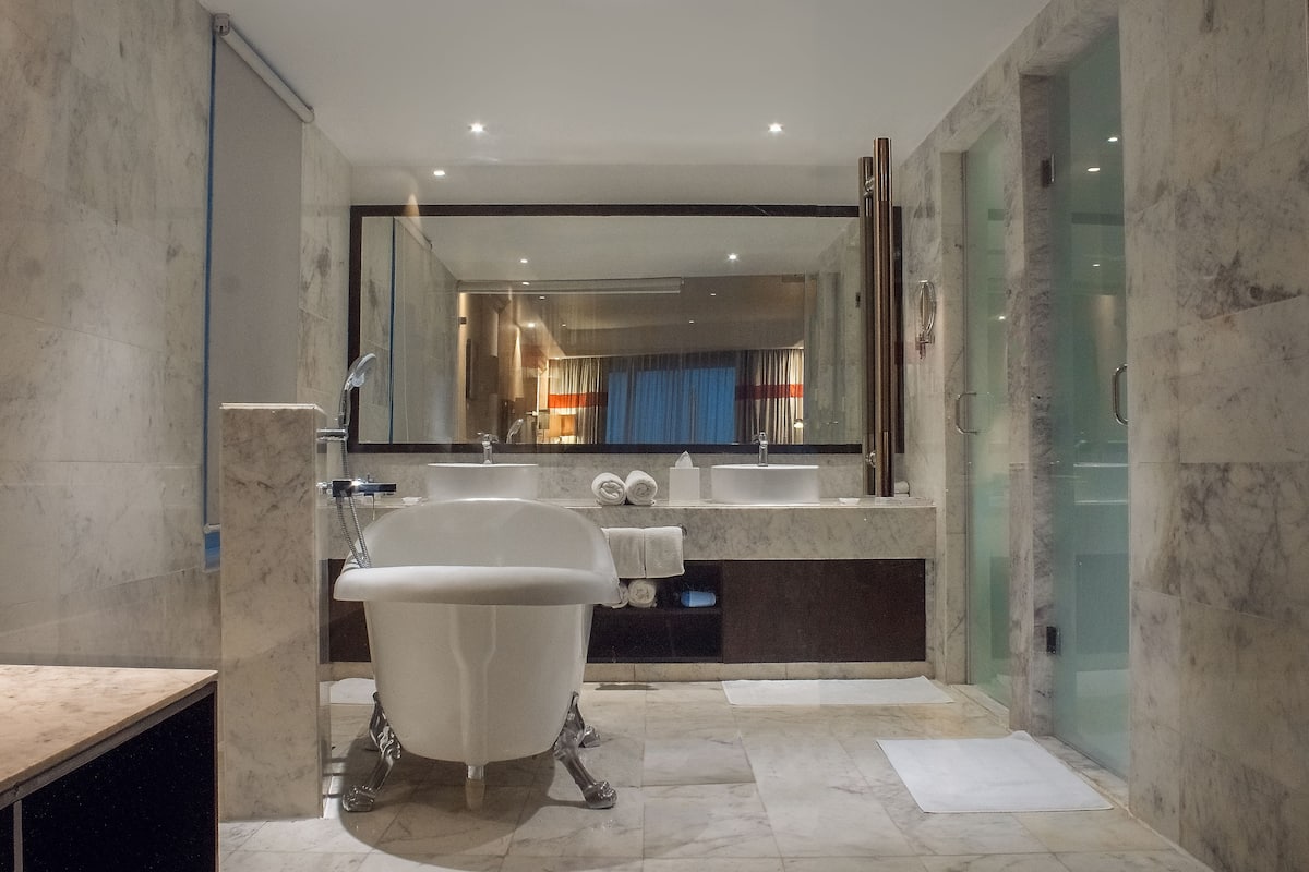 shower, eco-friendly toiletries, hair dryer, bathrobes