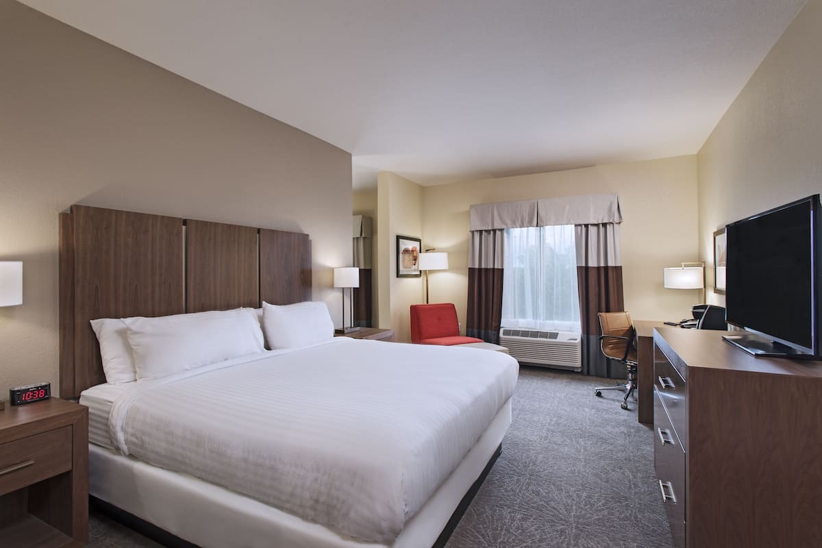 Habitación de hotel con una cama grande, un escritorio, un televisor y una silla.
