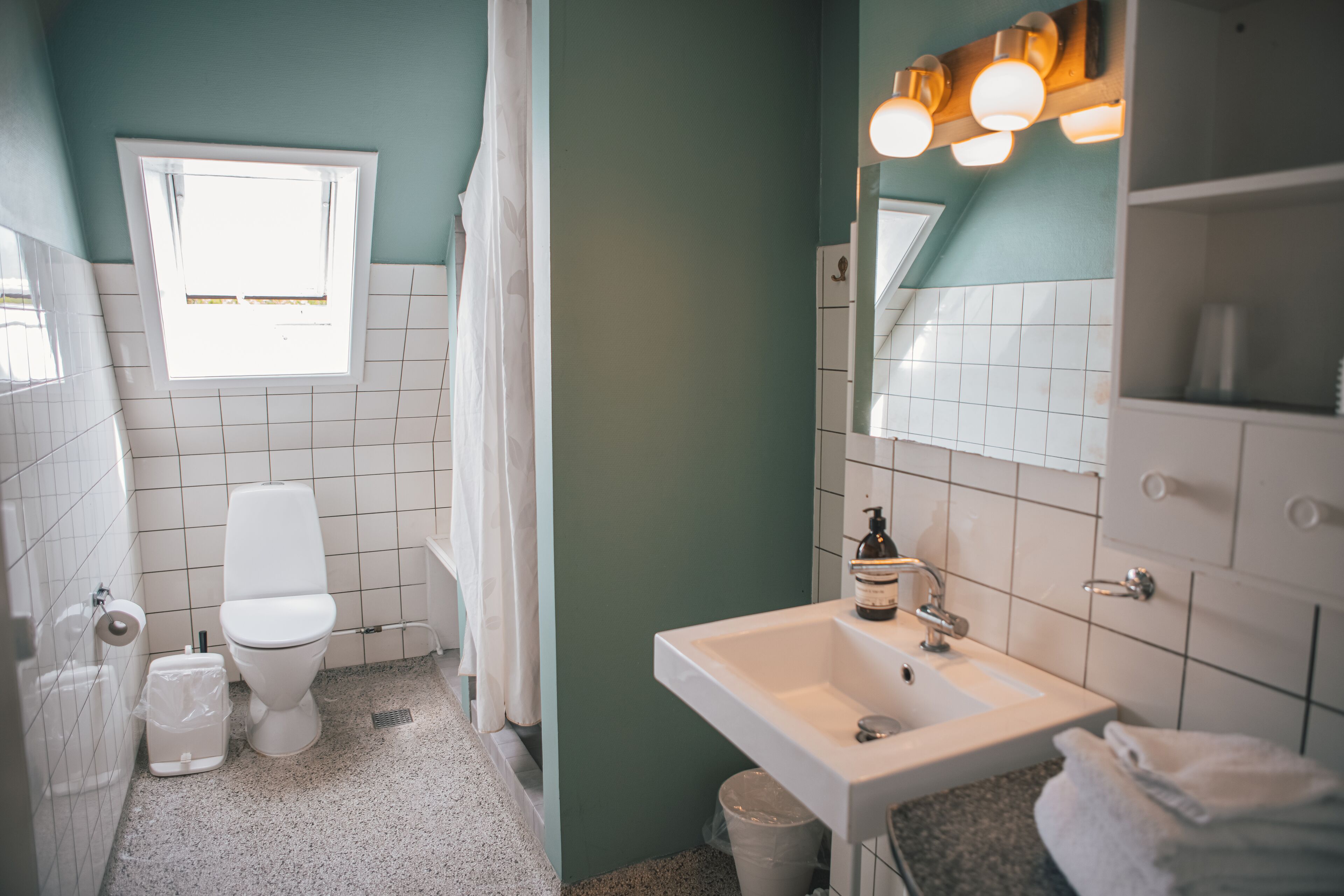 Ein Badezimmer mit Toilette, Waschbecken und Duschvorhang.