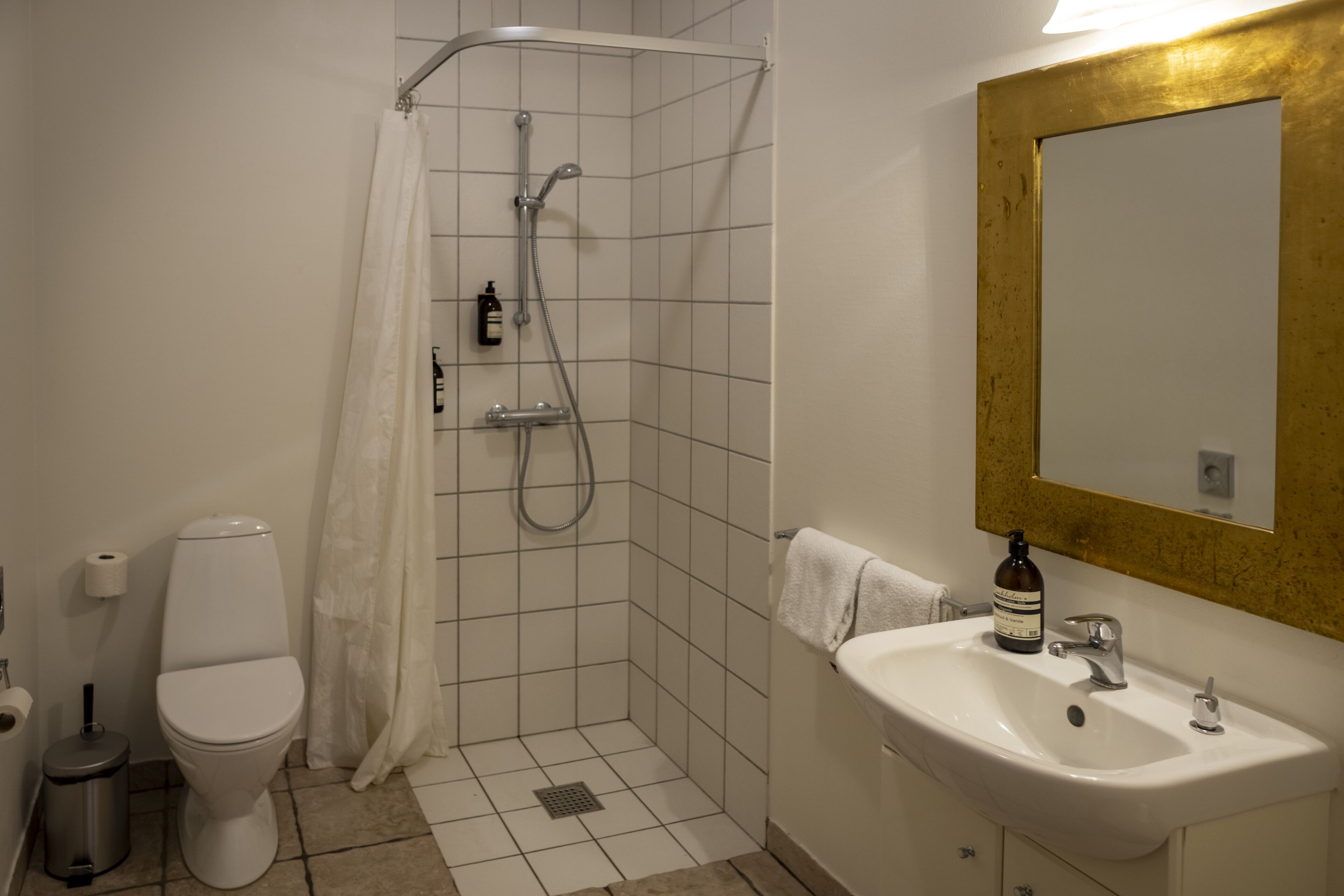 A bathroom with a shower, toilet, sink, and a mirror with a gold frame.