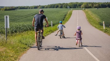 A paved path with cyclists and a cyclist with a child.