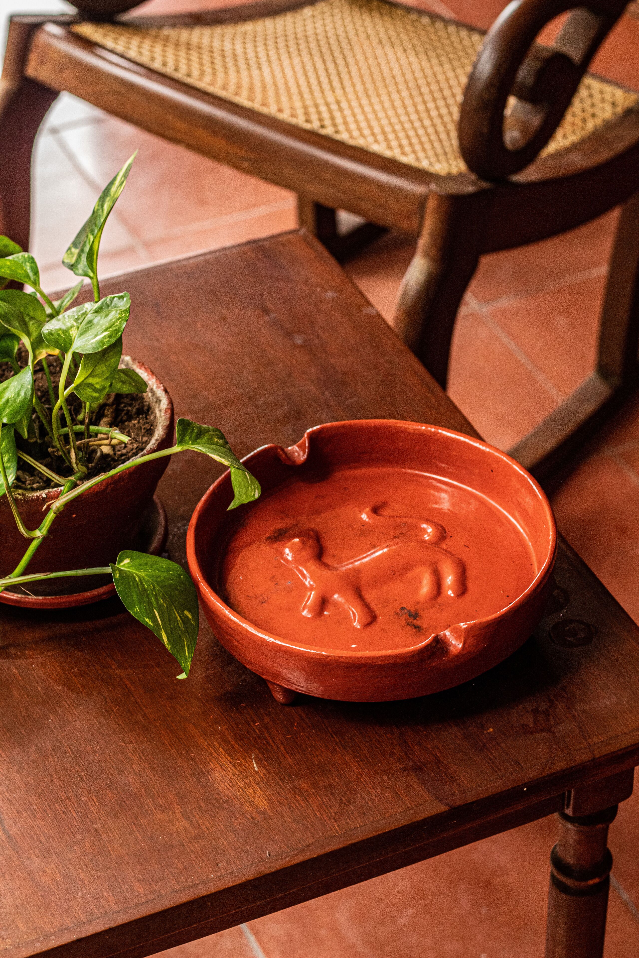 A wooden table with a red bowl of sauce, a potted plant, and a wicker chair.