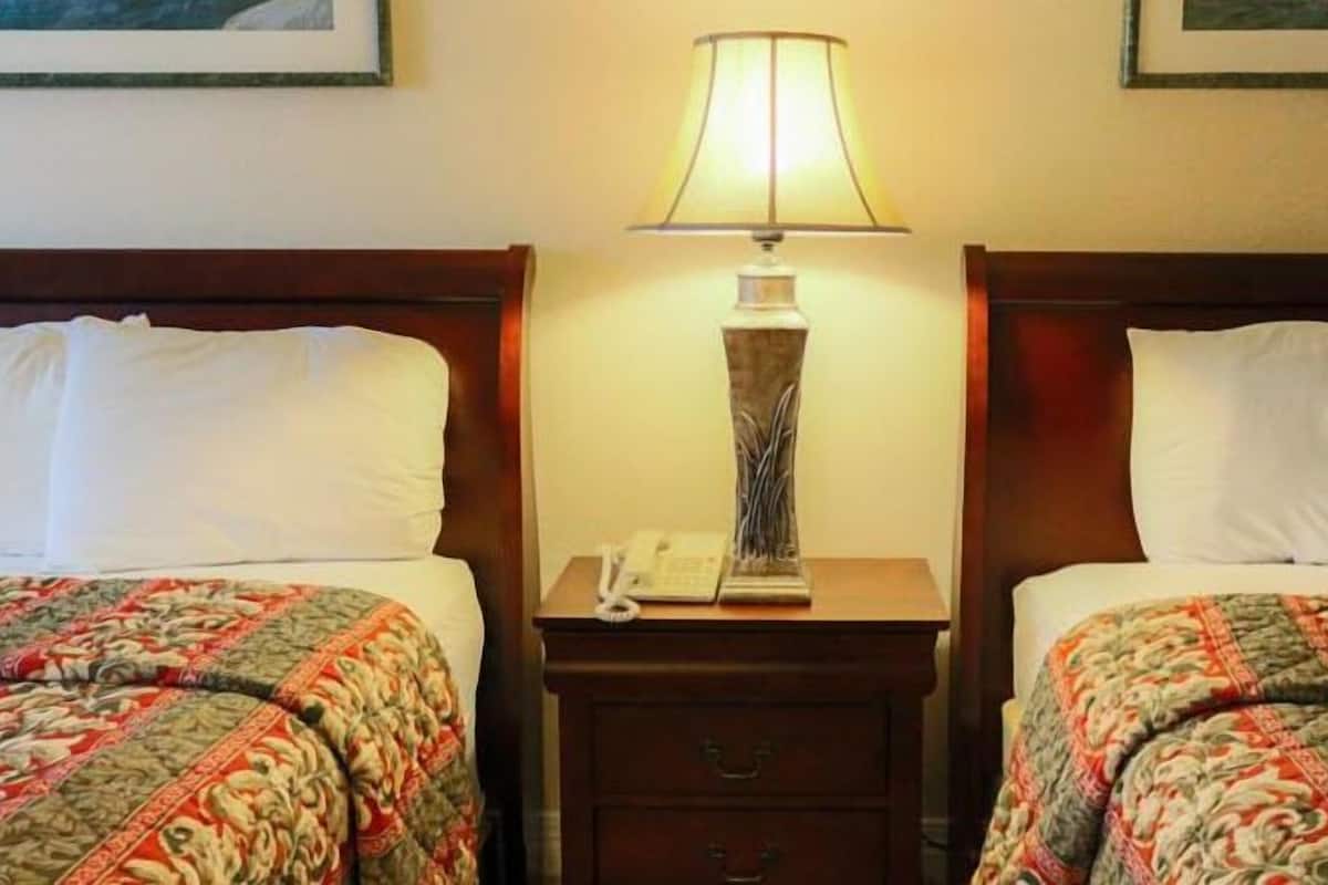 A hotel room with two beds, each with a patterned bedspread, a nightstand with a lamp, and a telephone.