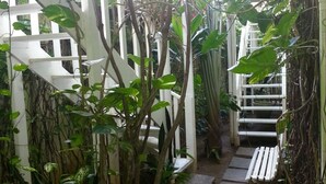 Een smal pad van stenen, omzoomd door weelderige begroeiing en witte houten gebouwen.