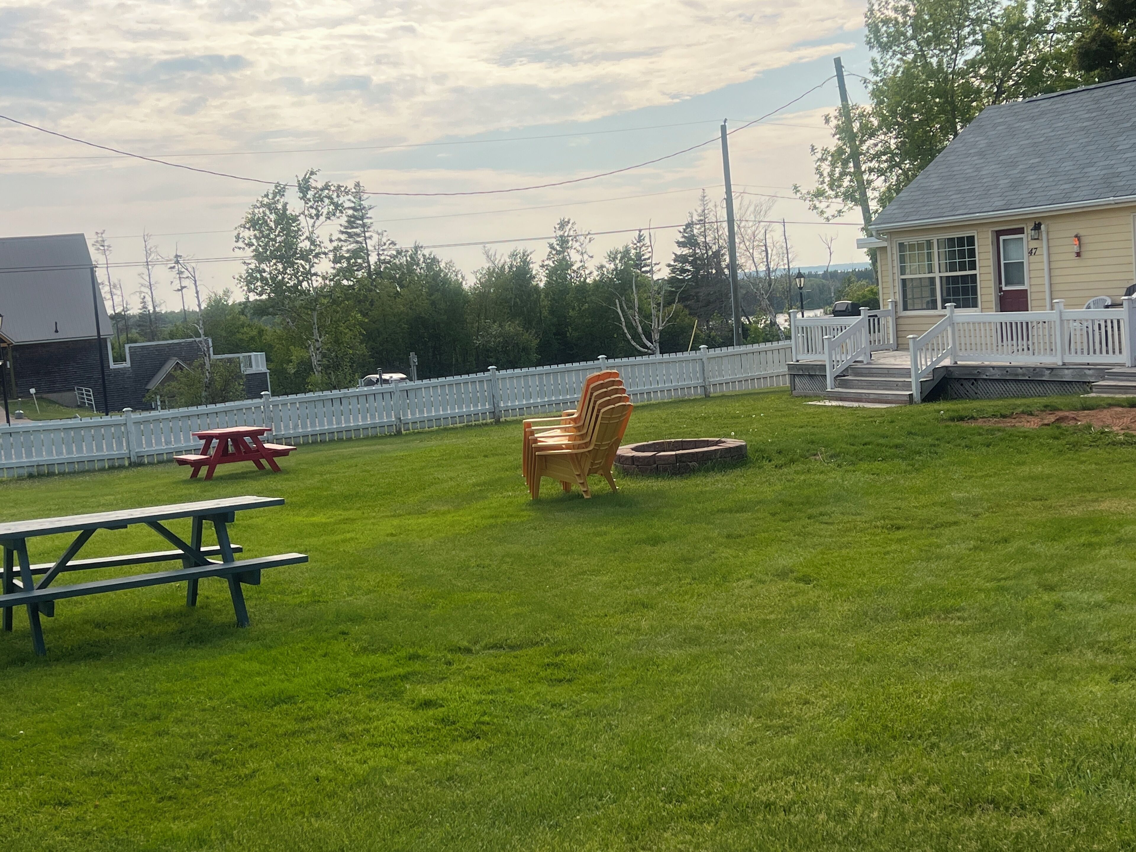 A grassy backyard with picnic tables and a deck.