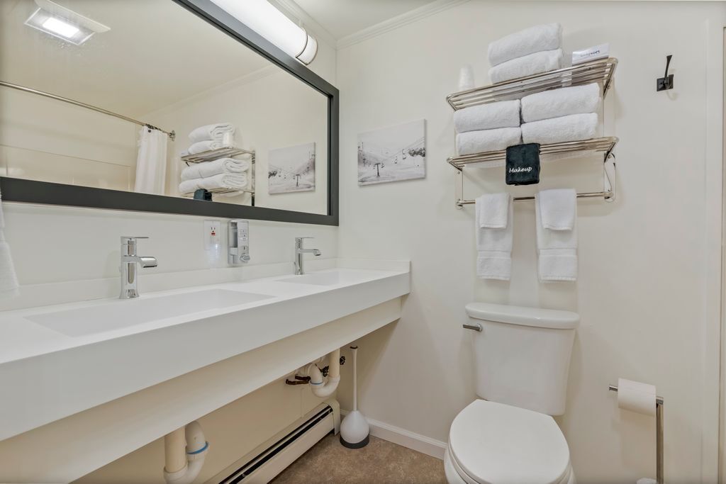 Un baño con dos lavabos, un inodoro, un perchero para toallas y un espejo.