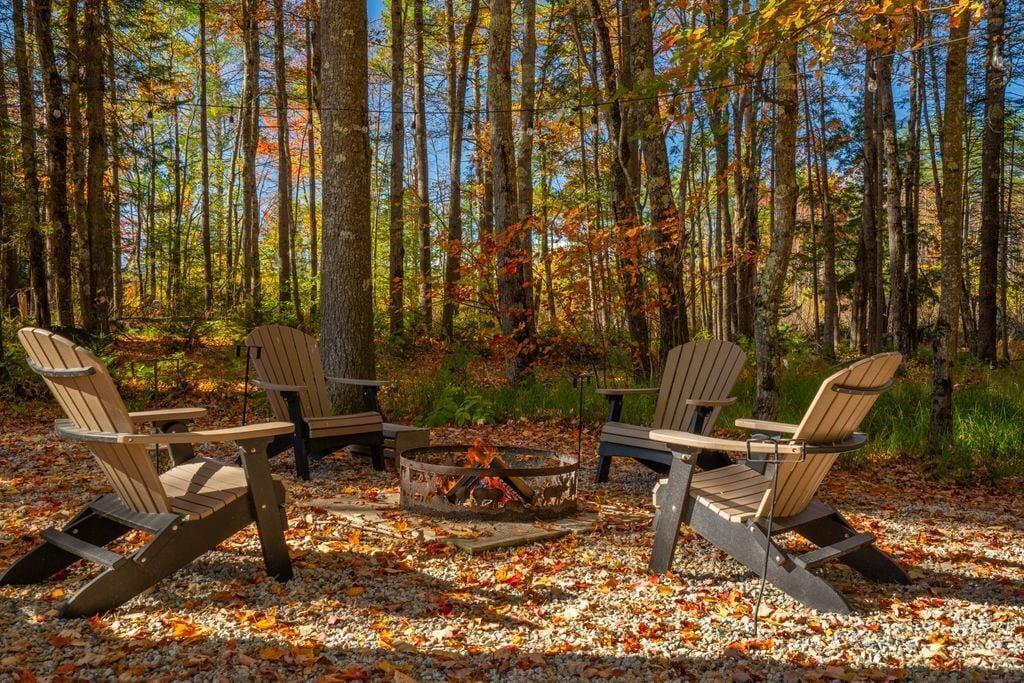A forest setting with a fire pit and Adirondack chairs arranged around it.