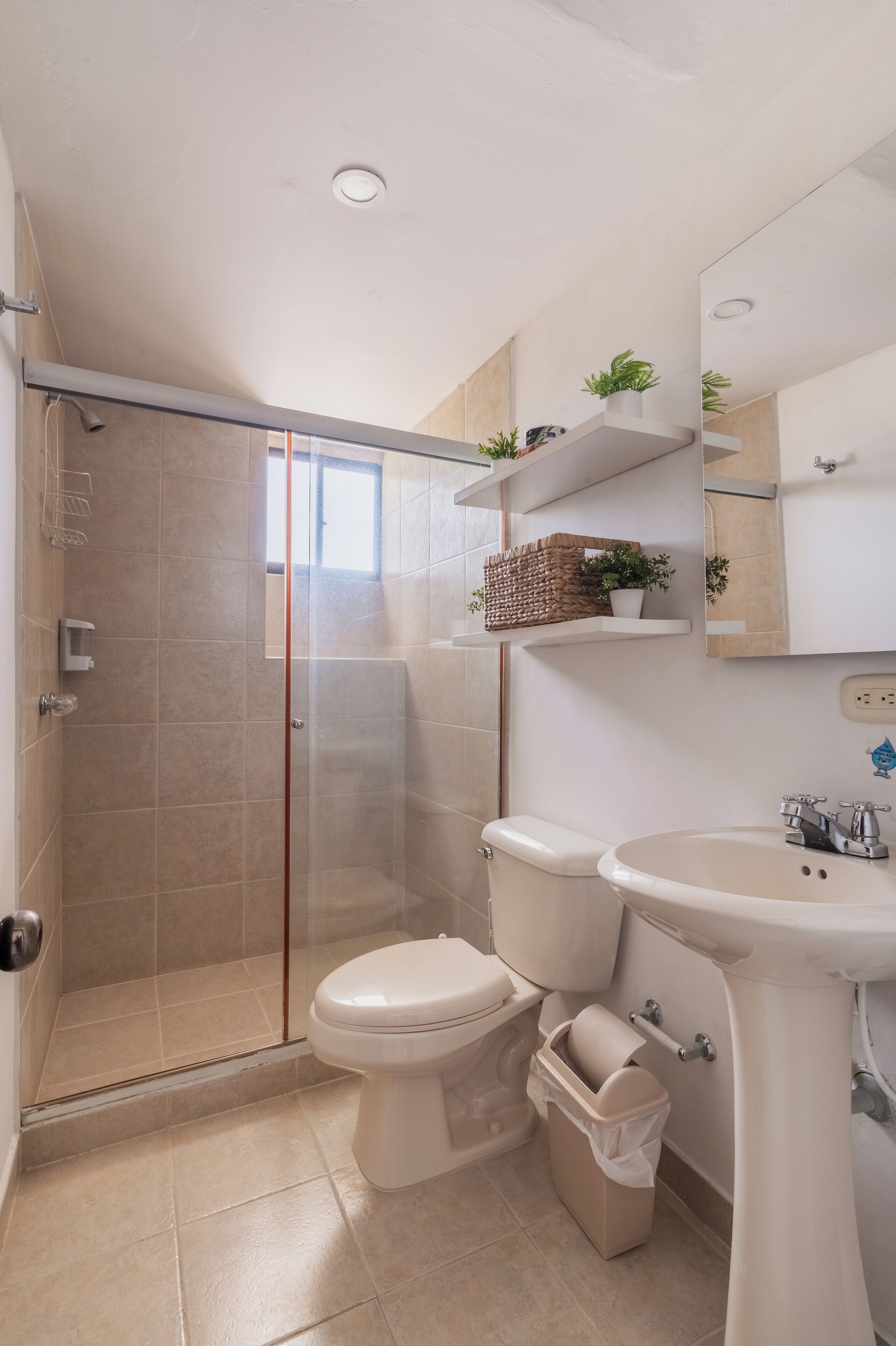 A bathroom with a glass-enclosed shower, a toilet, a sink, and shelves with plants and baskets.