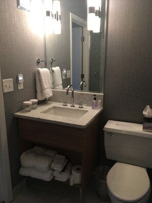 A bathroom with a sink, mirror, towel rack, toilet, and a trash bin. - Erik's Retreat in Minnesota (Edina)