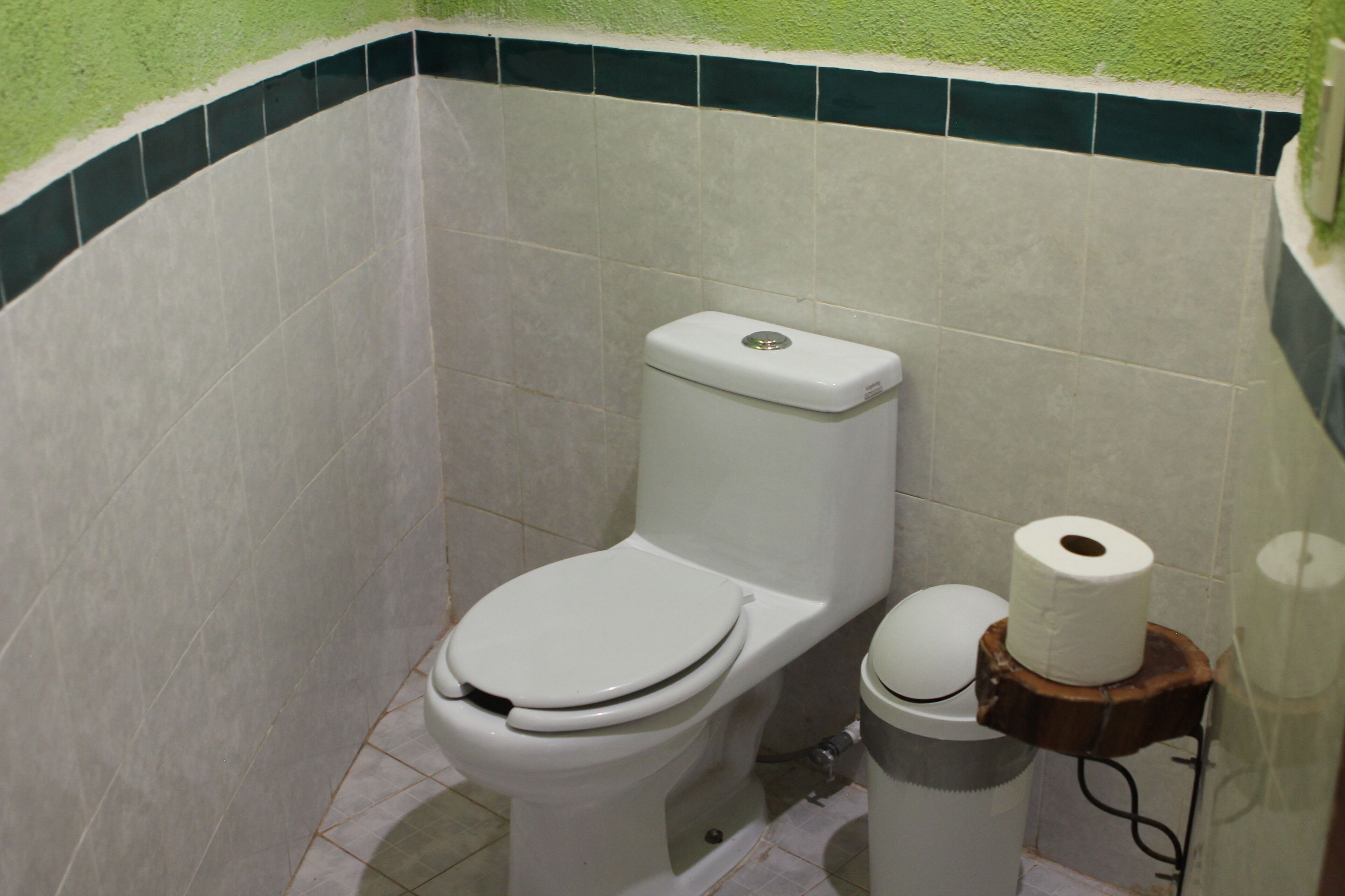 Une salle de bain équipée de toilettes, d’une poubelle et d’un porte-rouleau de papier toilette.