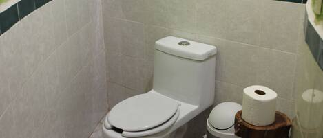Une salle de bain équipée de toilettes, d’une poubelle et d’un porte-rouleau de papier toilette.