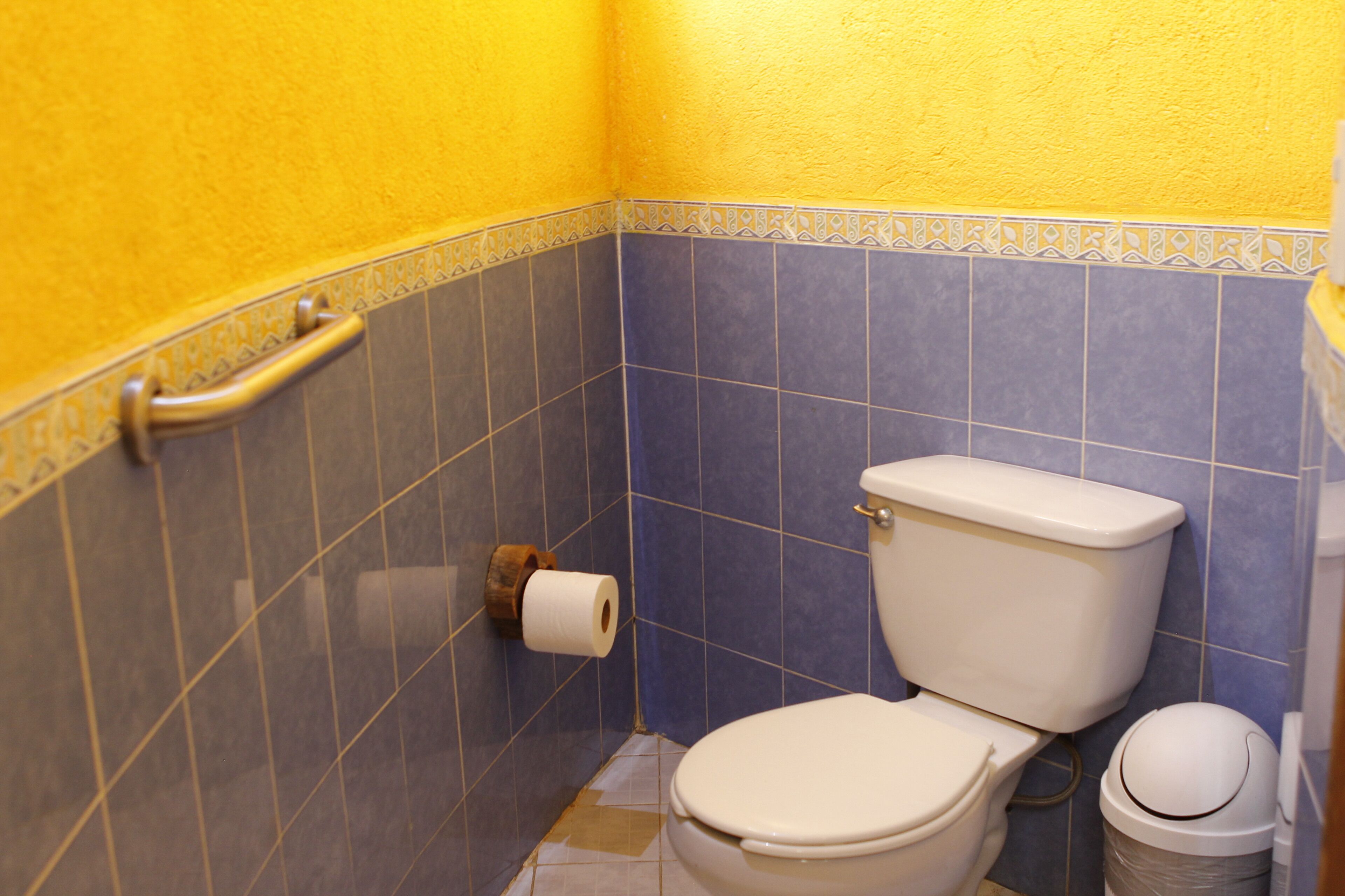 Un baño con inodoro, barra de apoyo y cubo de basura.