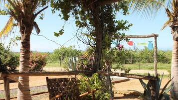 A wooden pergola with a bench, surrounded by palm trees and various plants.