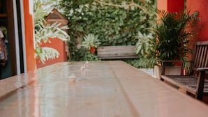 A wooden table with a reflective surface, surrounded by potted plants and a bench.
