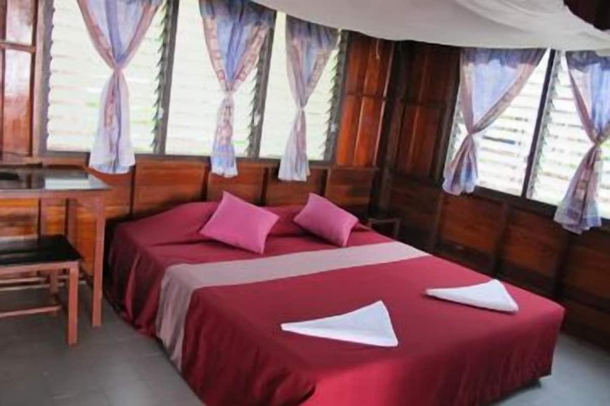 A room with a bed, a desk, and a chair.