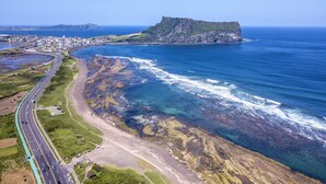 Vista aérea de una zona costera con un acantilado destacado, una carretera y una masa de agua.