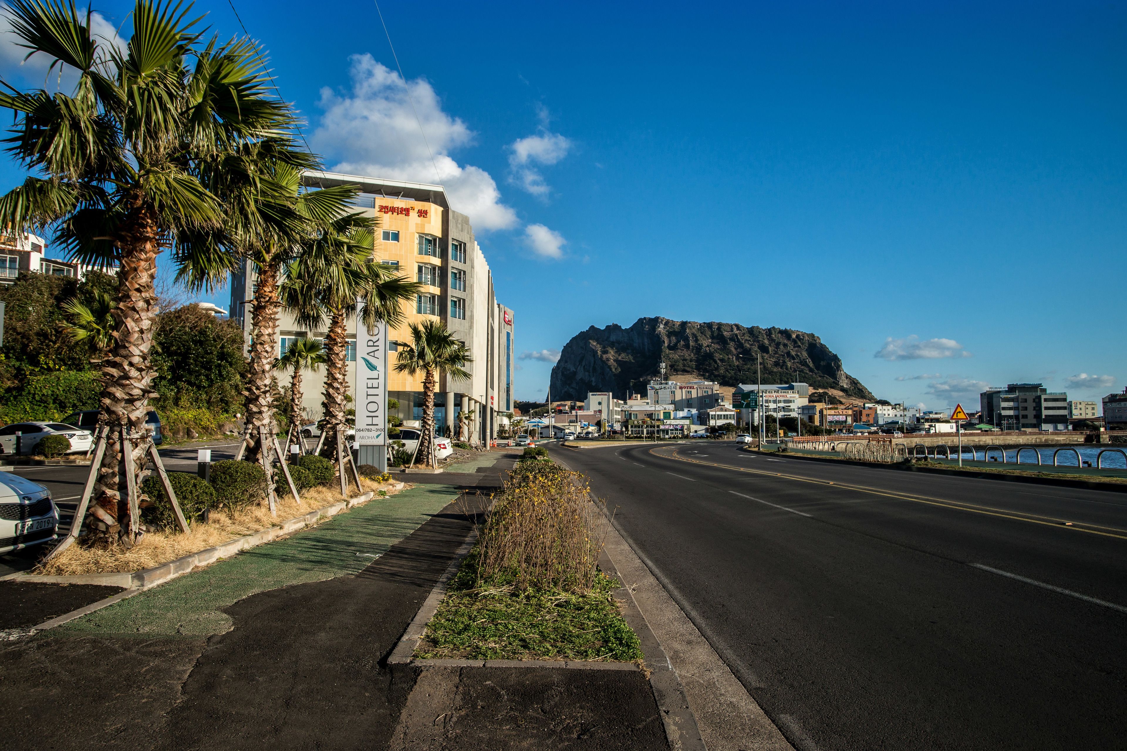 A hotel with a view of a mountain.