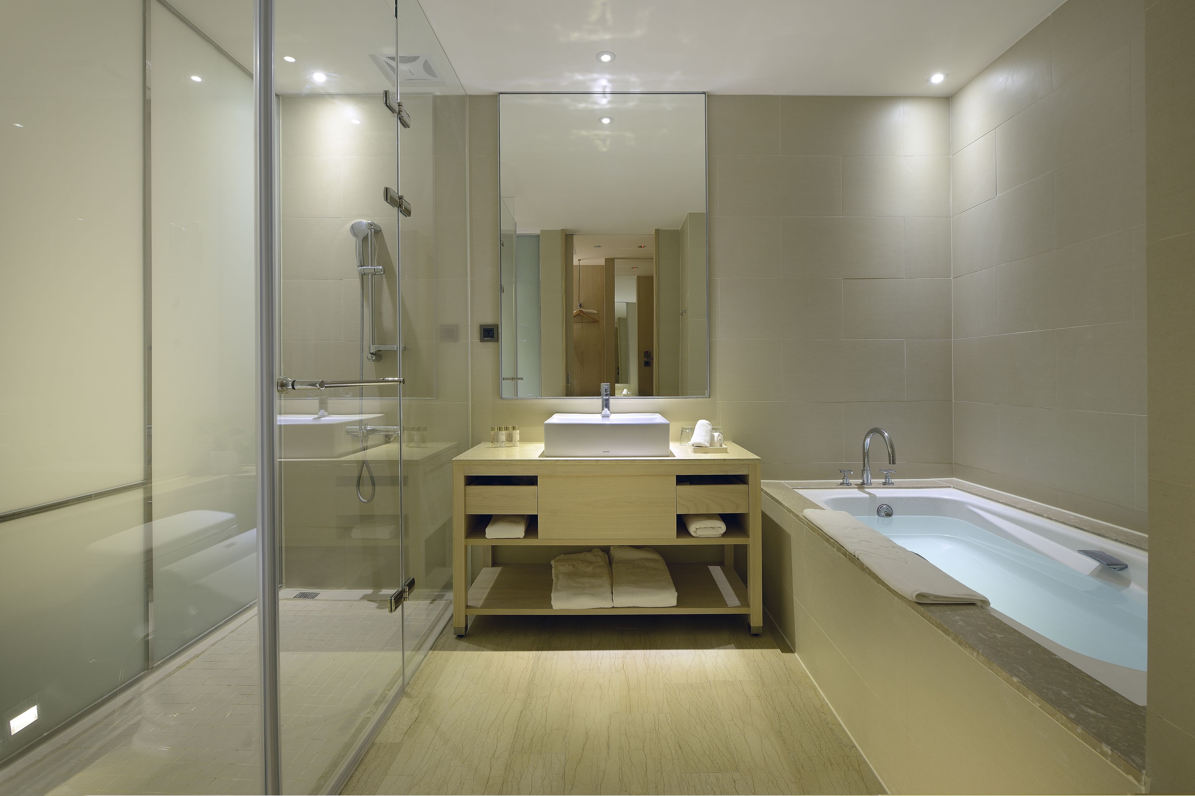 separate bathtub and shower, deep-soaking bathtub, free toiletries