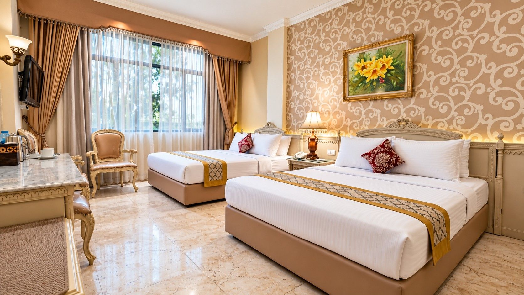 A hotel room with two beds, a desk, a chair, a lamp, and a painting on the wall.