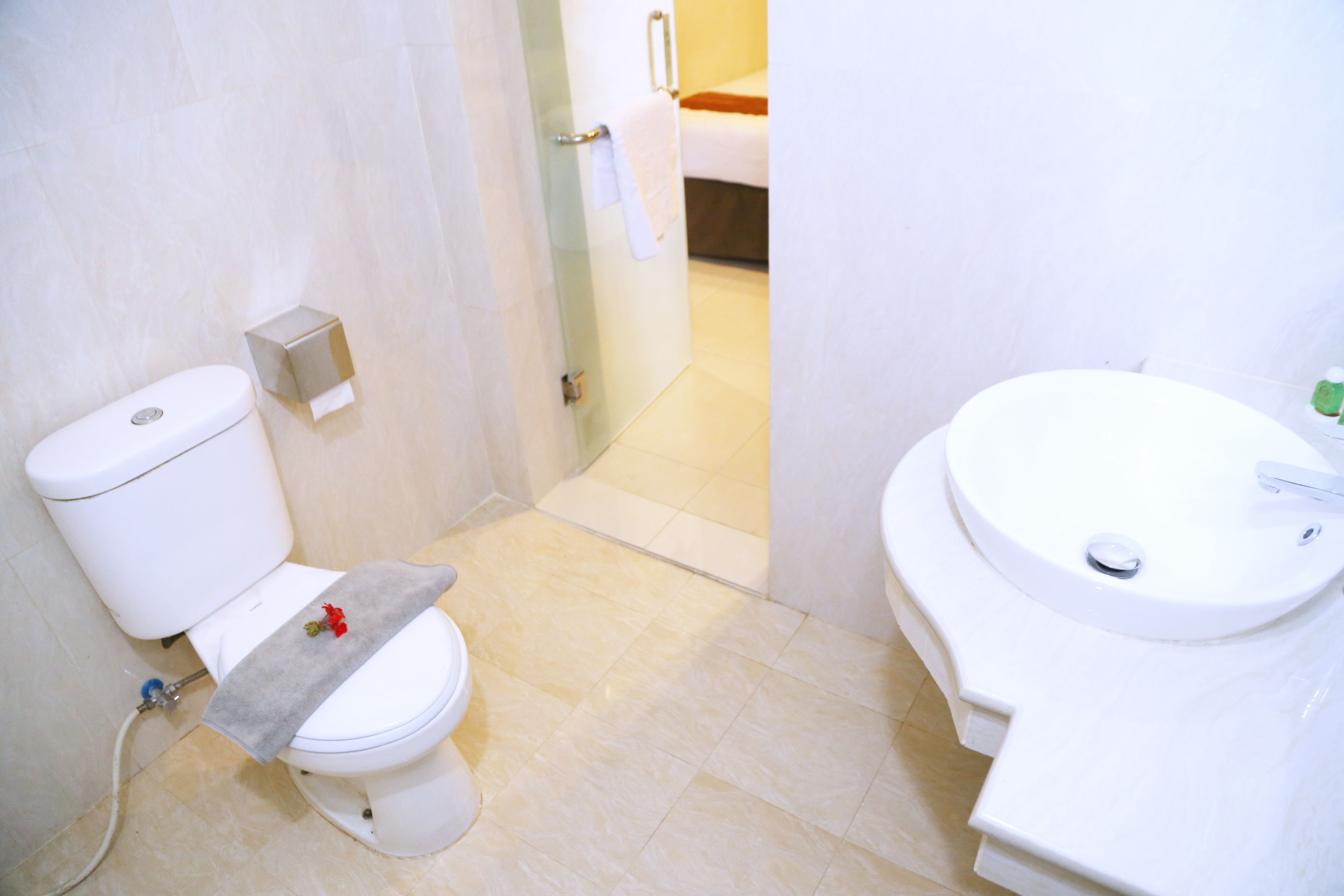 Et badeværelse med toilet, vask og håndklædestang.