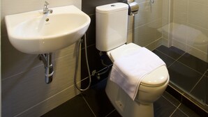 Shower, hair dryer, slippers, bidet - Lotus Family Hotel, Masjid India (Kuala Lumpur)