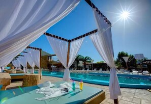 Outdoor pool, pool umbrellas, pool loungers