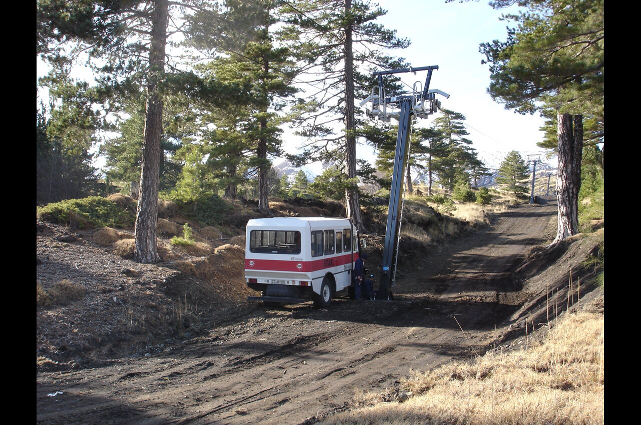 Ein weißer Van steht auf einer unbefestigten Straße, im Hintergrund Berge und umgeben von Kiefern.