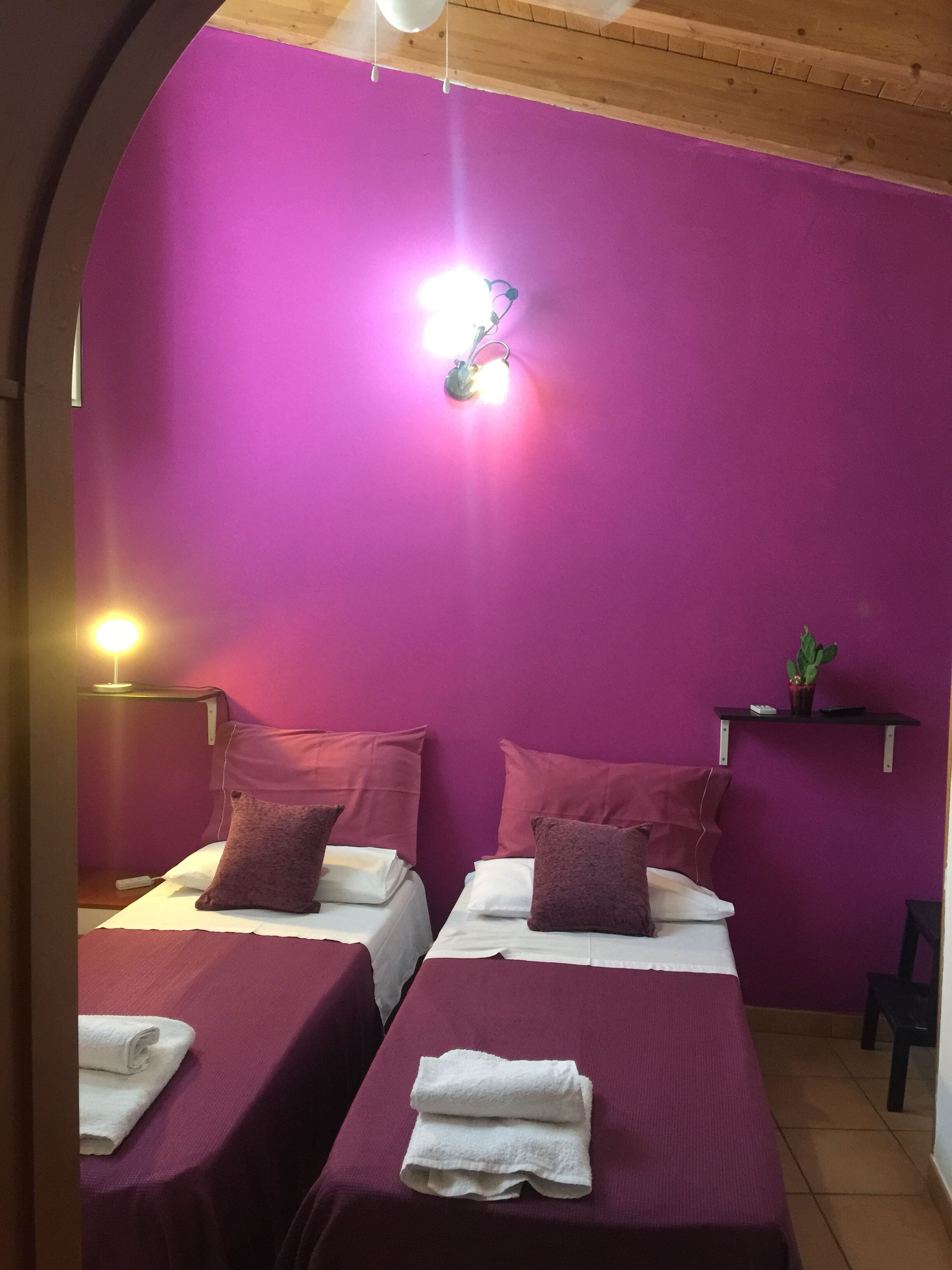 A room with two beds, purple walls, a small shelf with a plant, and a hanging light fixture.