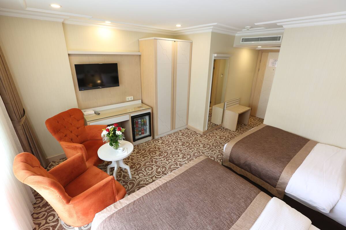 A hotel room with a bed, a sofa, a TV, a small table with flowers, and a minibar.