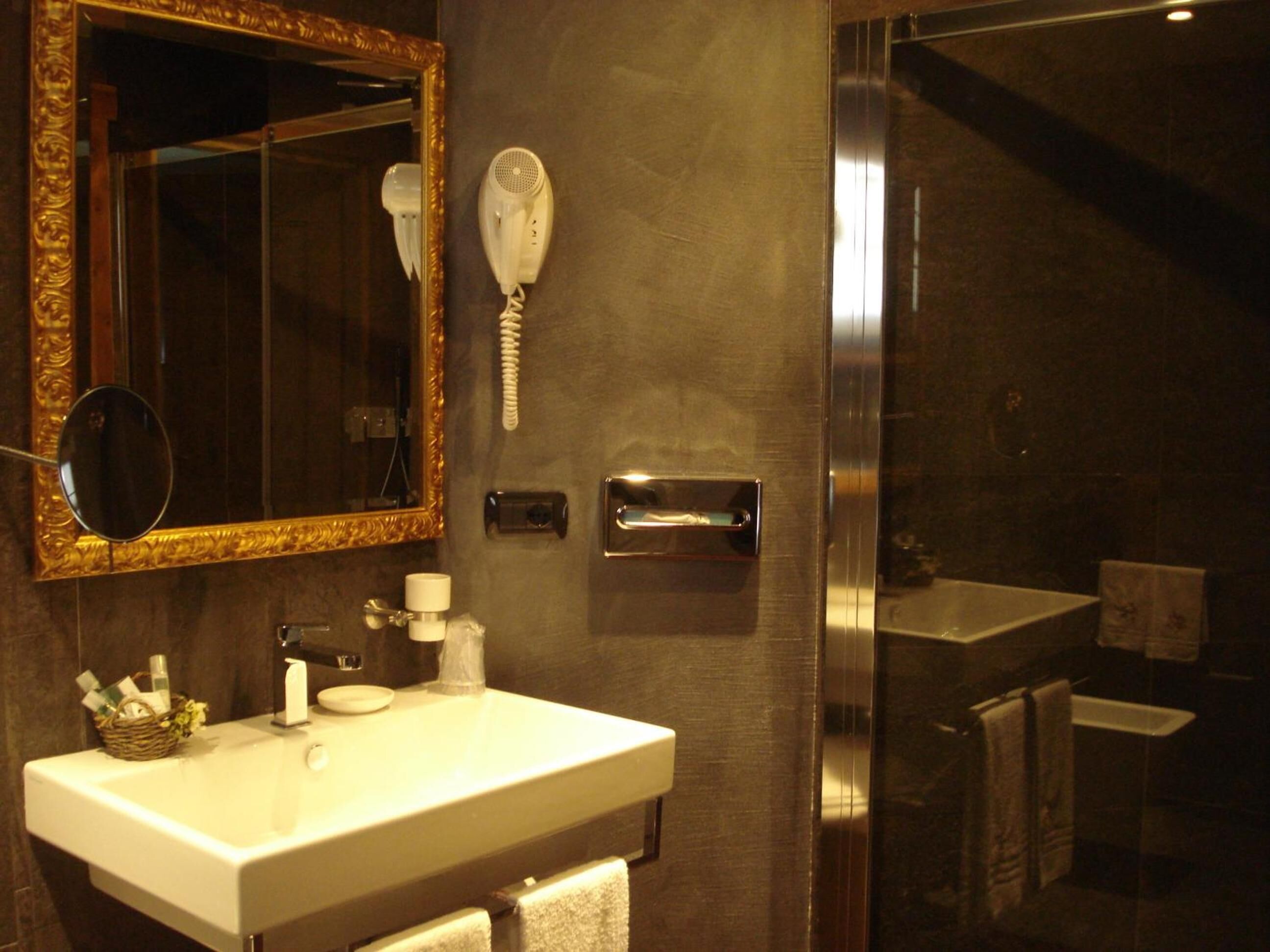 free toiletries, hair dryer, towels