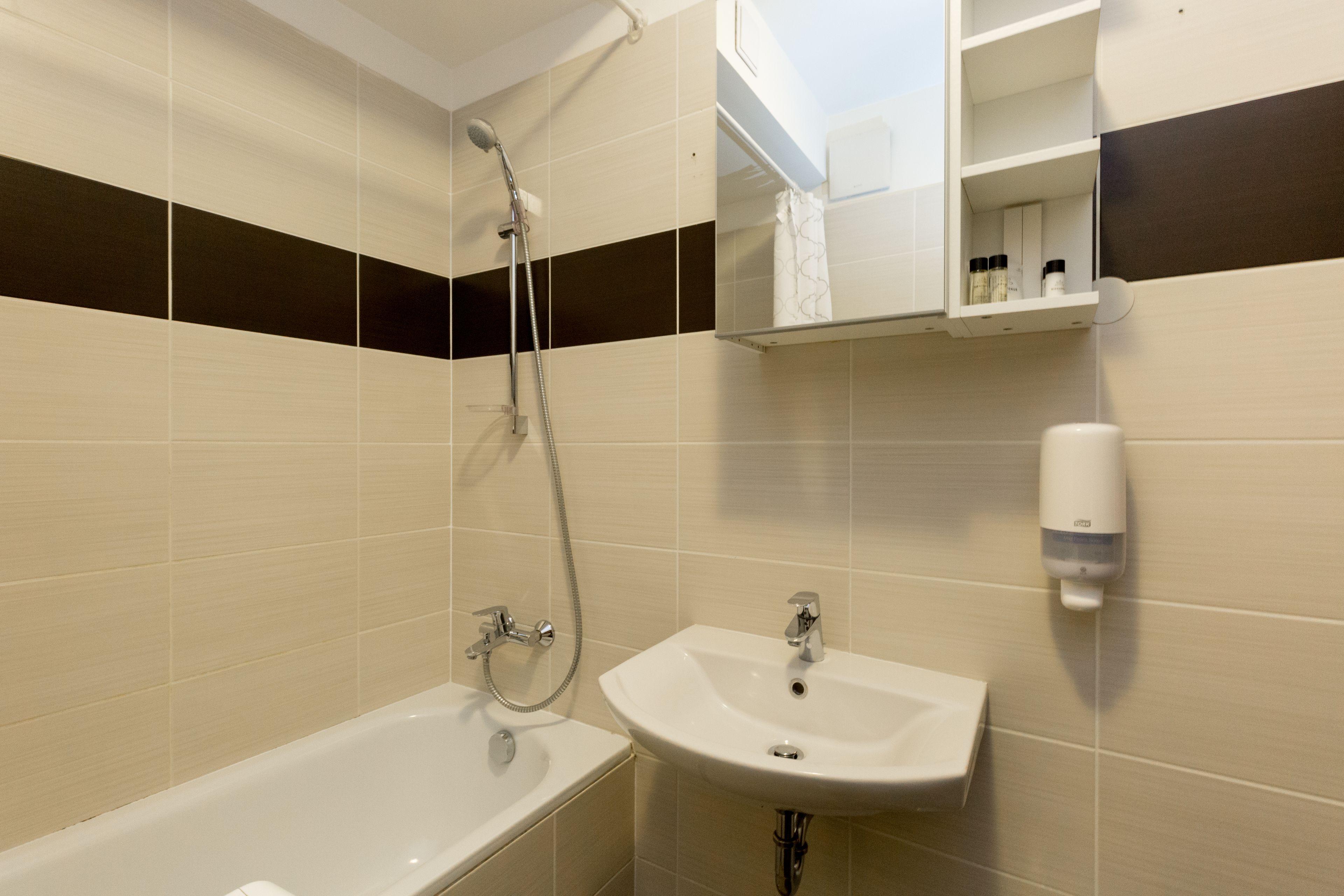 deluxe studio, 1 double bed with sofa bed(2) | bathroom | combined shower/bathtub, rainfall showerhead, hair dryer, towels