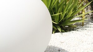 A white spherical object in a garden with green foliage and a stone structure in the background.