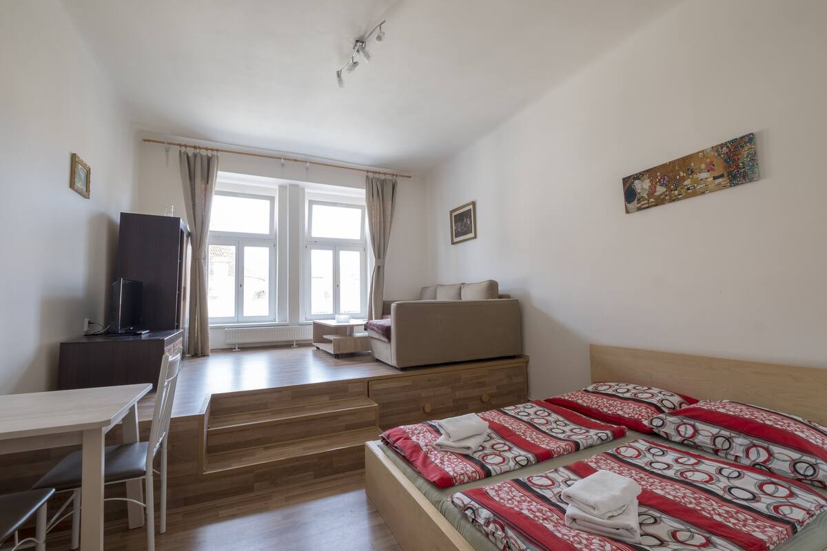Ein Schlafzimmer mit Bett, Schreibtisch, Stuhl, Fernseher und einer Couch.