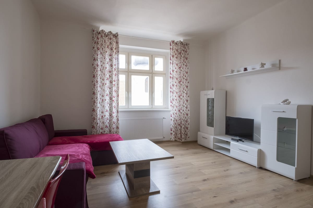 Ein Zimmer mit Holzboden, einer Couch, einem Tisch, einem Fernseher und einer Heizung.