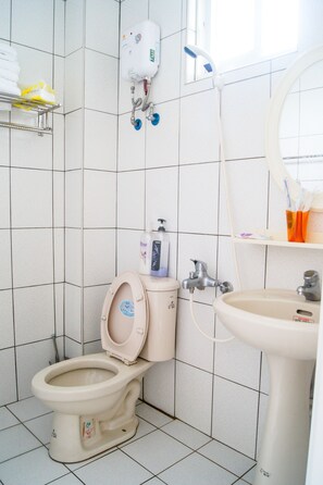Shower, free toiletries, hair dryer, slippers