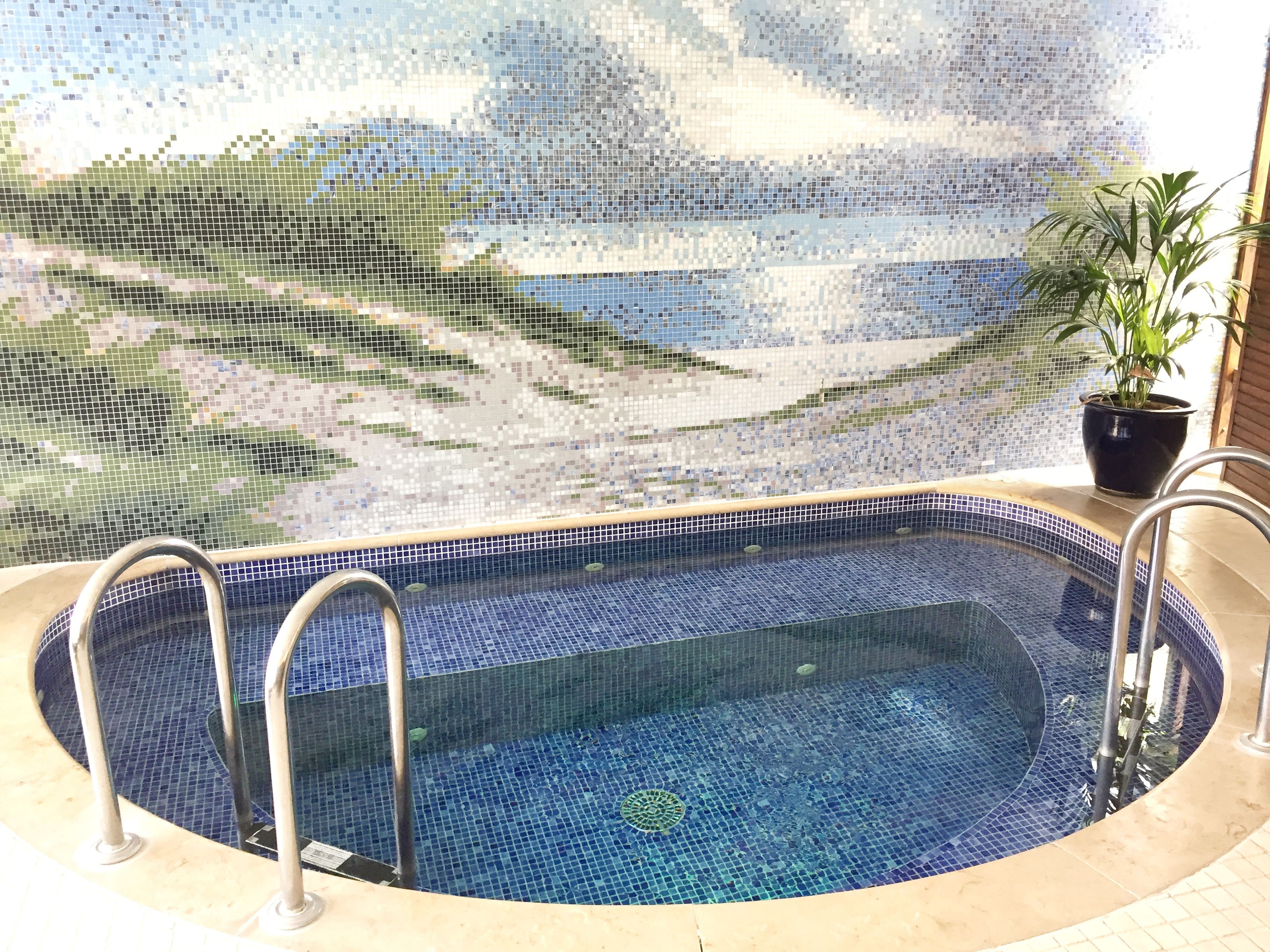 Un jacuzzi con diseño de mosaico, rodeado por un deck de azulejos y una planta en maceta.