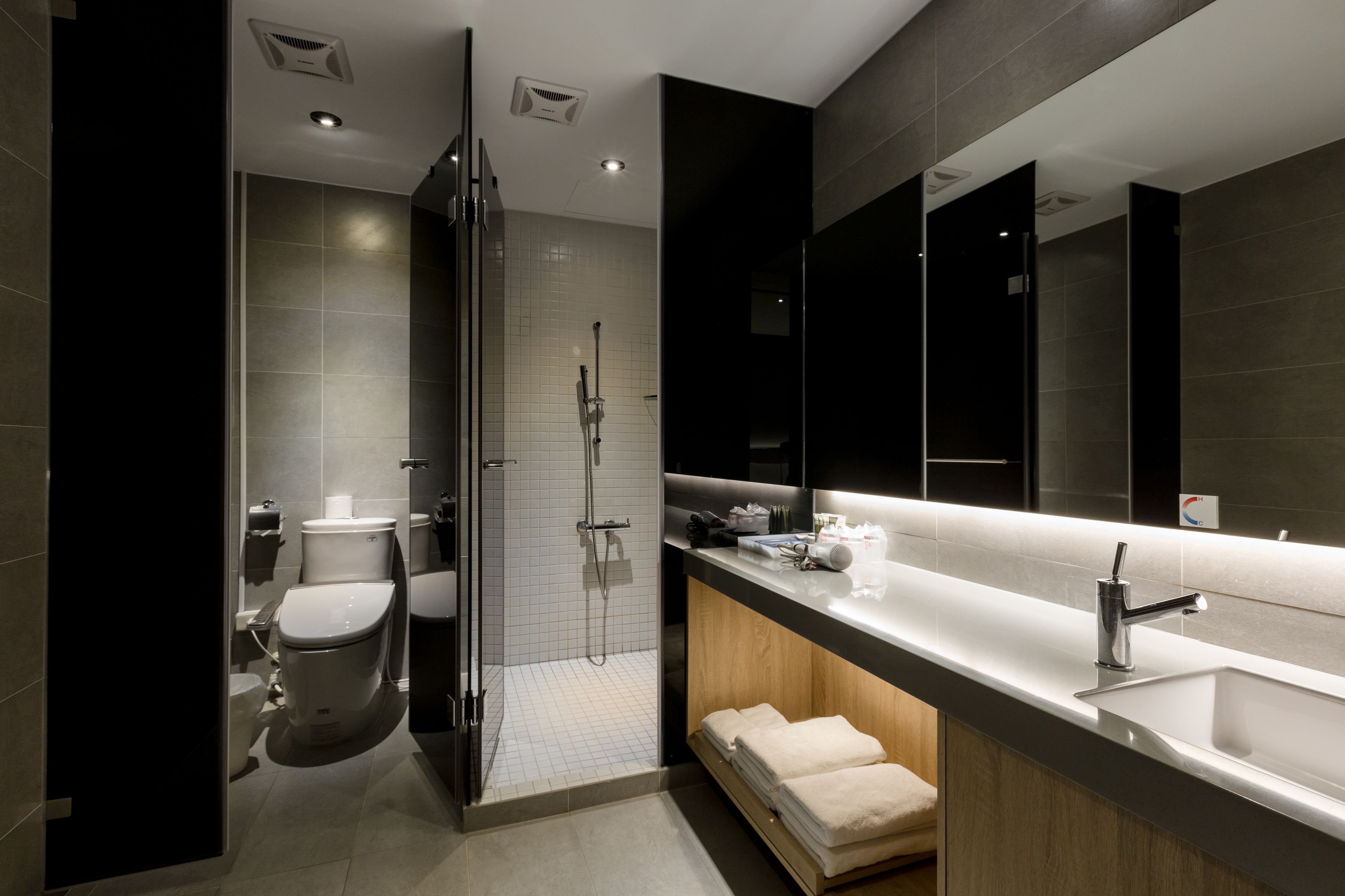 separate bathtub and shower, rainfall showerhead, hair dryer, slippers