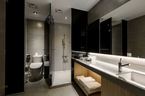 Separate tub and shower, rainfall showerhead, hair dryer, slippers - Green Hotel (Magong)