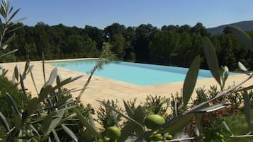 Seasonal outdoor pool, pool umbrellas, pool loungers