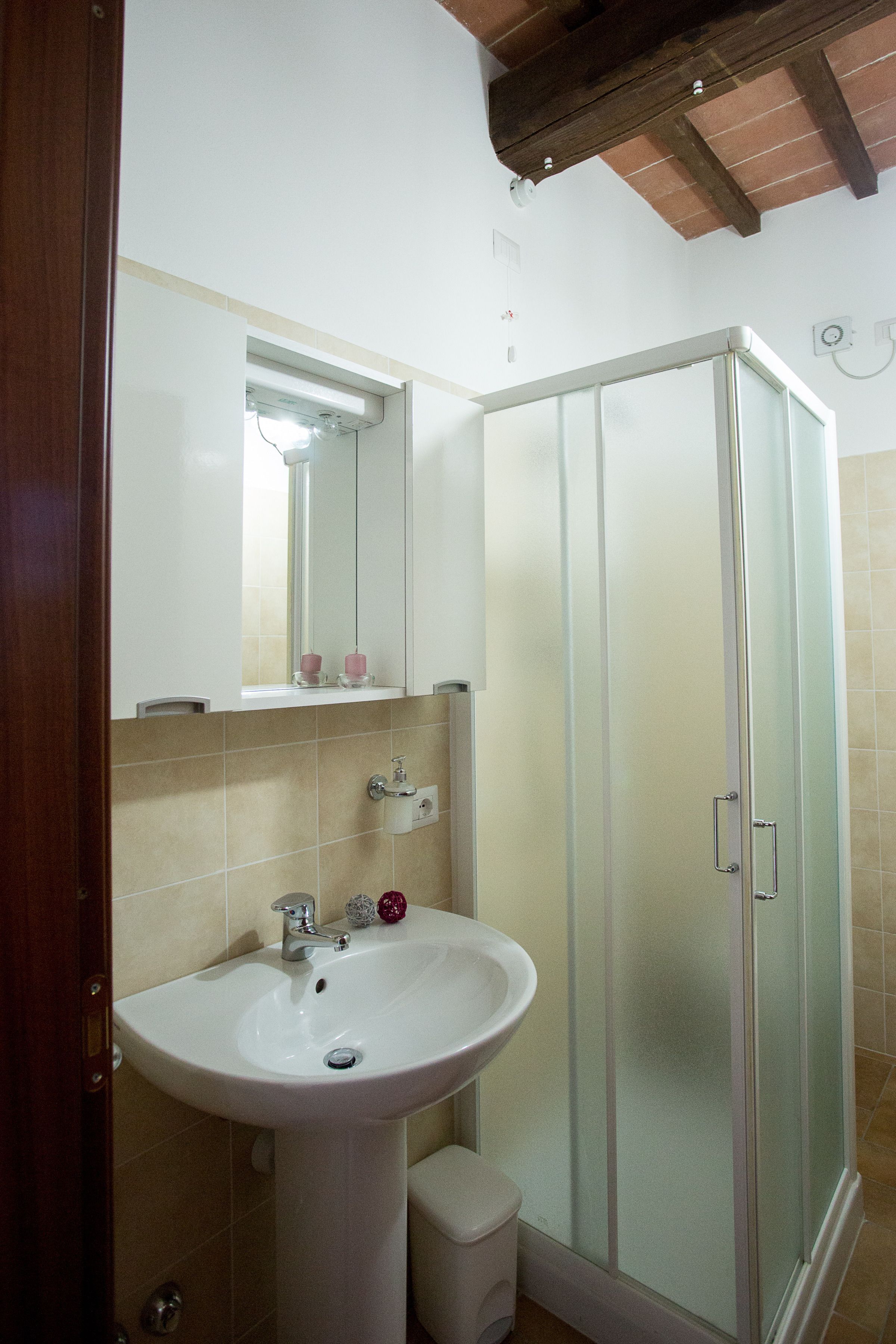 Une salle de bain avec un lavabo blanc, une cabine de douche en verre et un miroir au-dessus du lavabo.