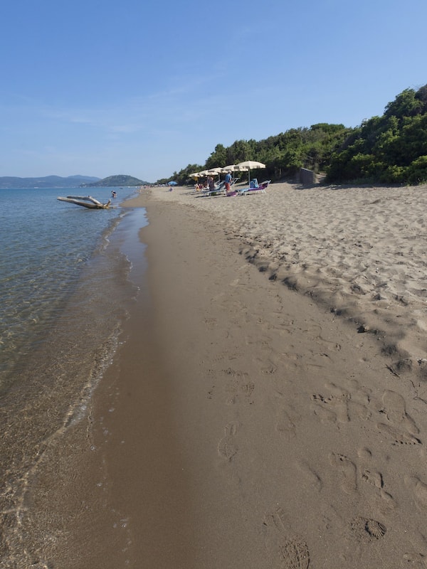 On the beach, sun loungers, beach umbrellas