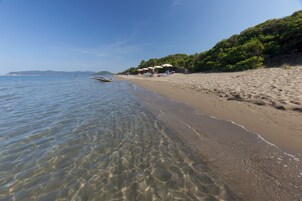 On the beach, sun loungers, beach umbrellas