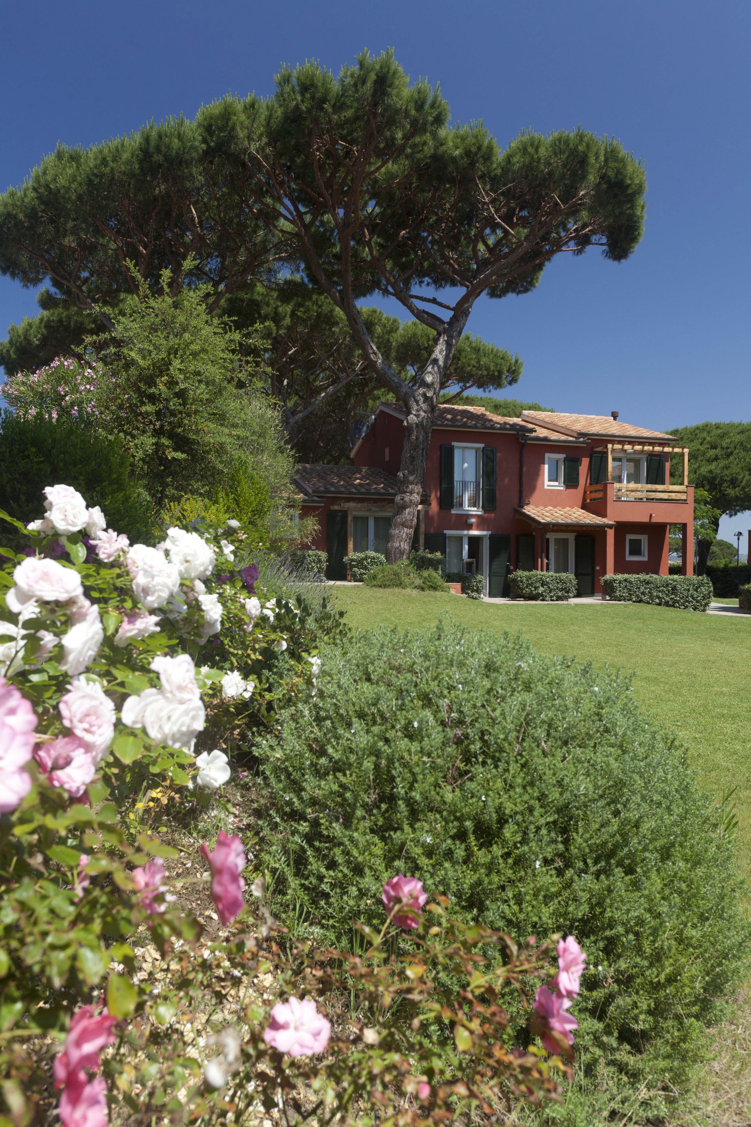 Una casa de dos pisos con fachada roja, un árbol grande en el frente y un jardín bien cuidado con flores blancas y rosadas.
