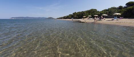 Ein Strand mit klarem, flachem Wasser, Sonnenschirmen und Liegestühlen.