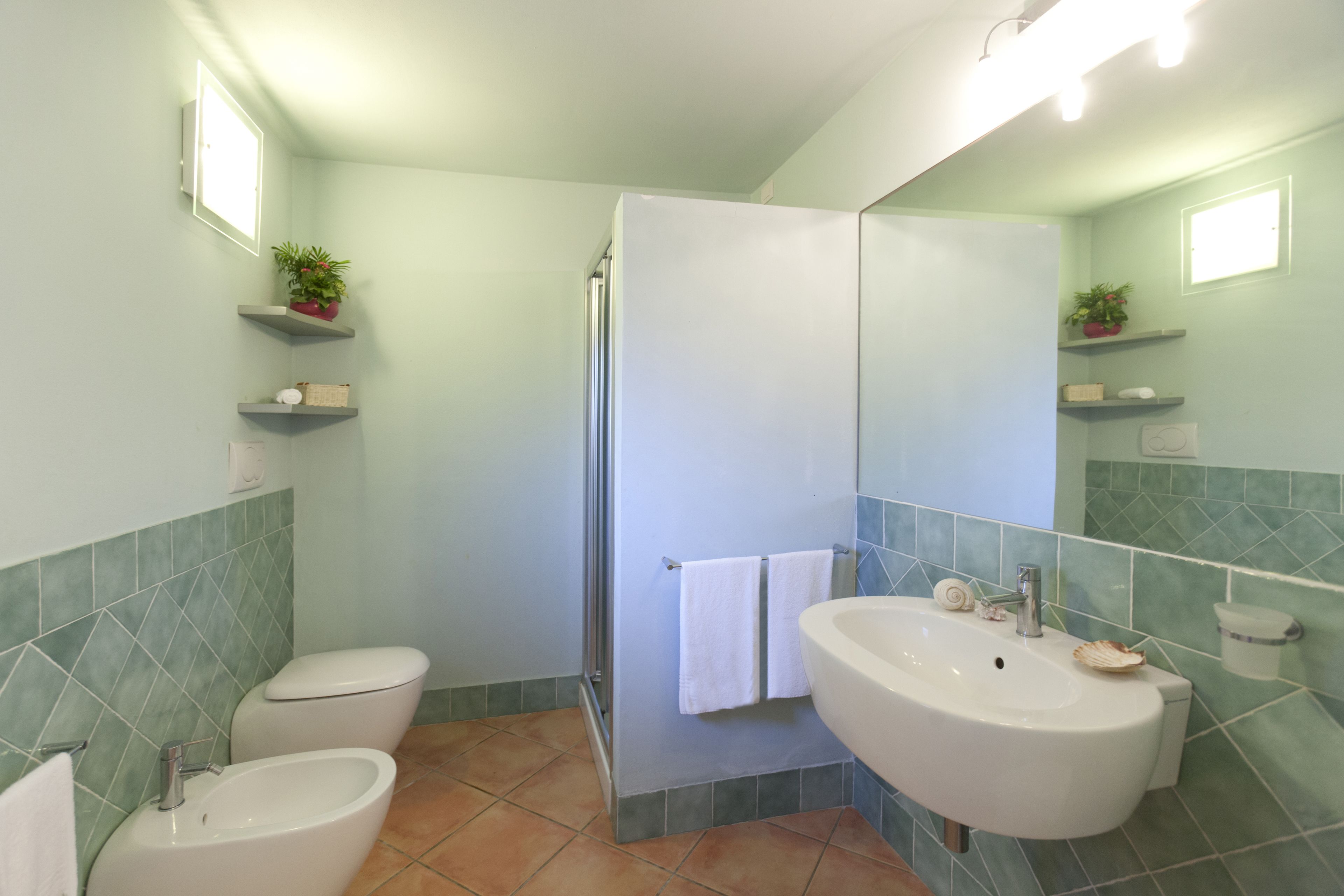 Un baño con inodoro, bidé, lavamanos e insonora de ducha. Hay repisas con plantas y un espejo sobre el lavamanos.