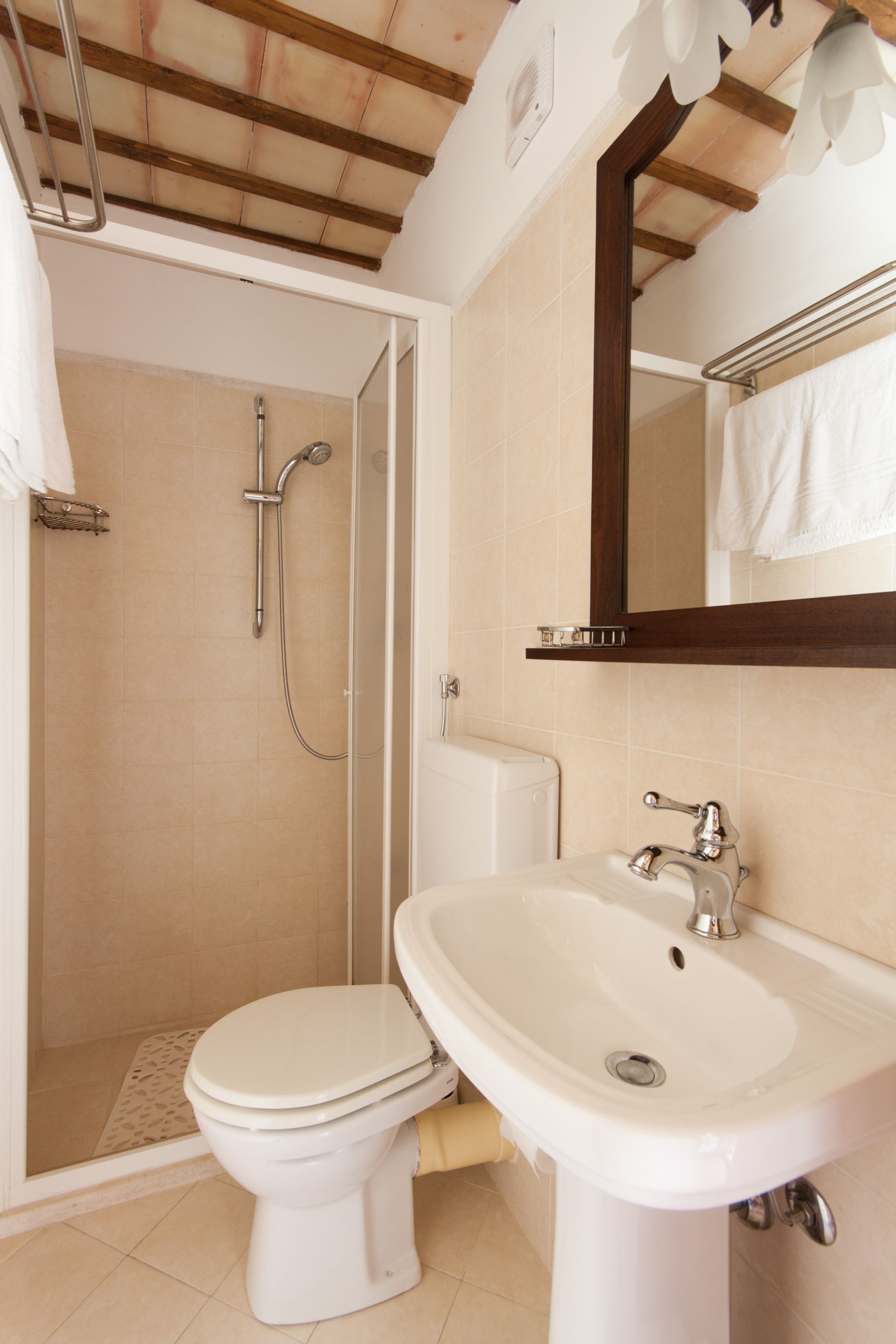 Une salle de bain équipée d’une douche, de toilettes, d’un lavabo et d’un miroir.
