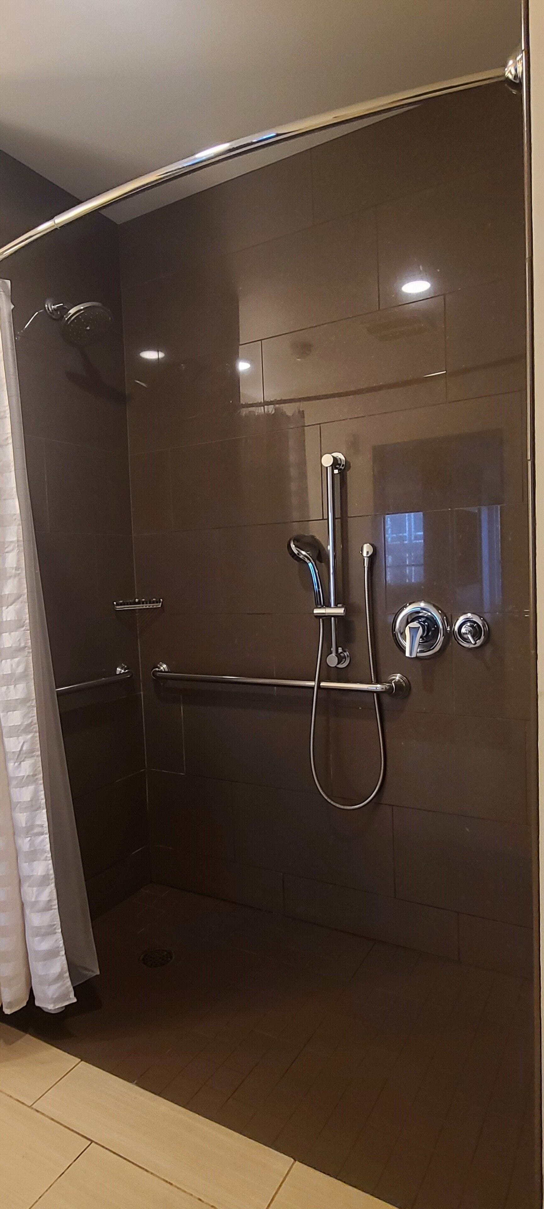 suite, 1 king bed with sofa bed, accessible (shower) | bathroom | rainfall showerhead, designer toiletries, hair dryer, towels