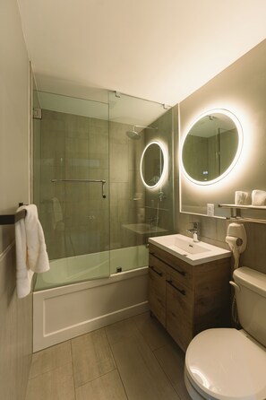 A modern bathroom with a glass-enclosed shower, a vanity with a mirror, and a toilet.