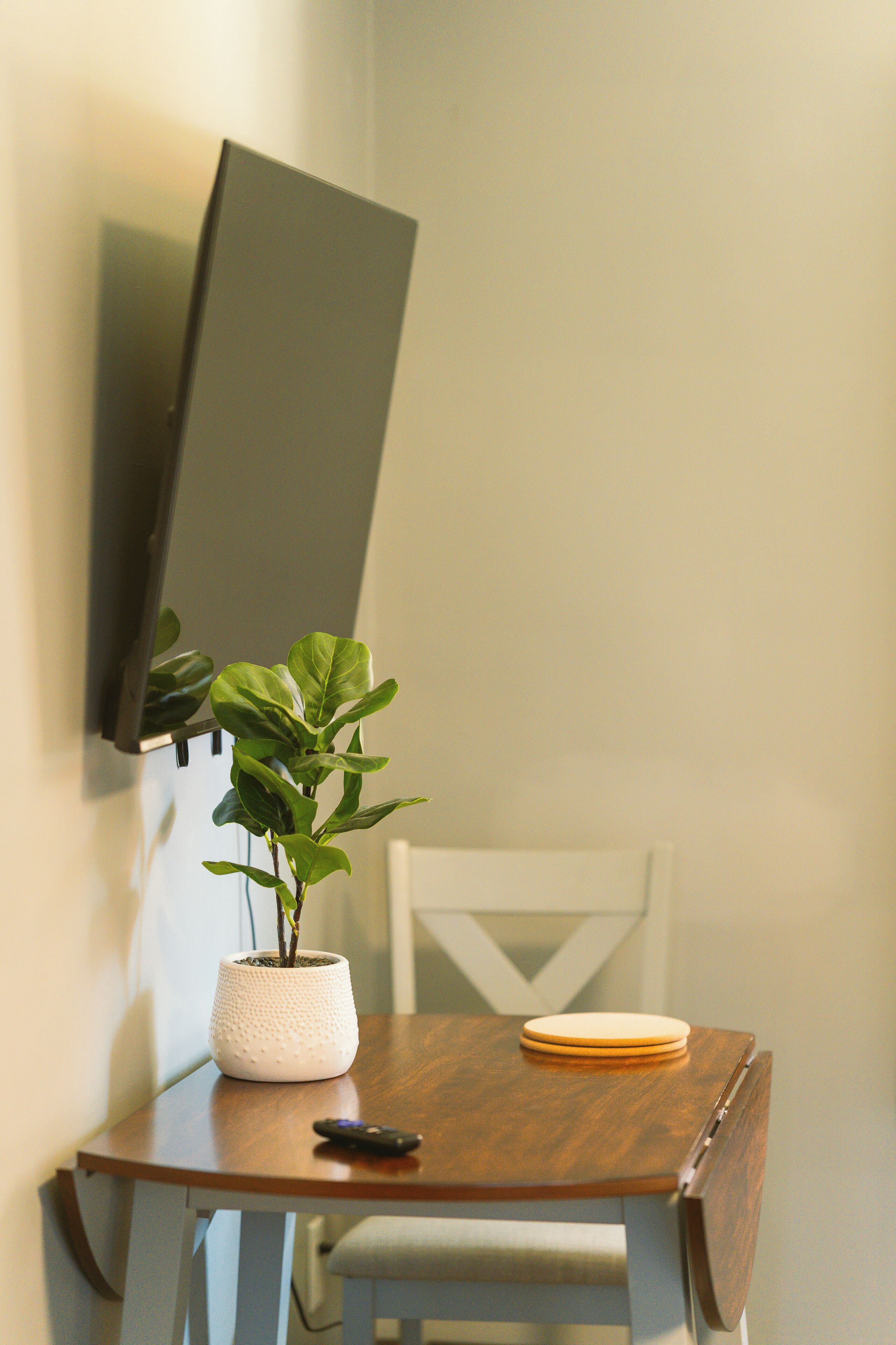 A small wooden table with a potted plant, a remote control, and a coaster.